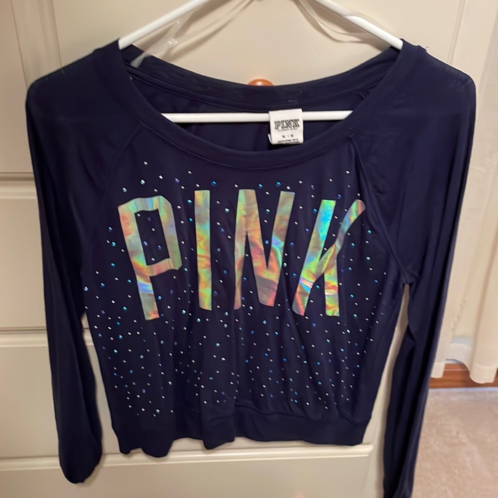 Navy blue bedazzled Victoria secret pink cropped long sleeve. Size medium.